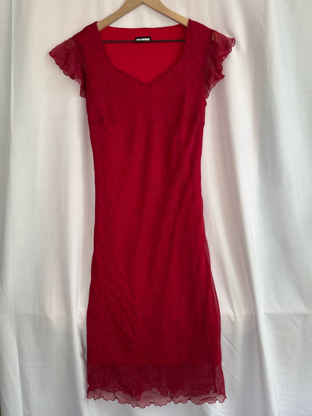 Vintage Y2K “Believe….” Red Floral Lace Sheer Printed Chiffon Midi Dress 8